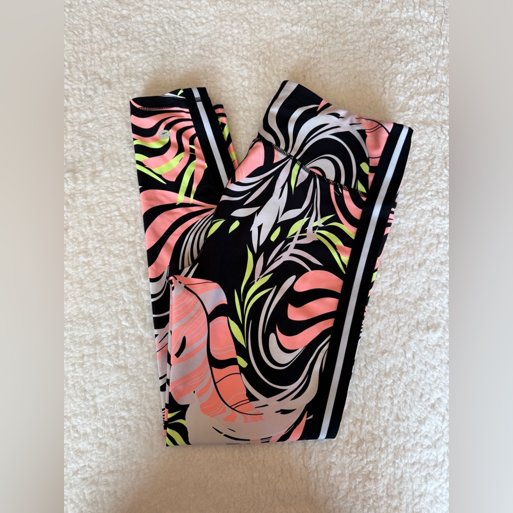 DKNY Sport Tropical Print Leggings Neon Stripe High Rise‎ Medium